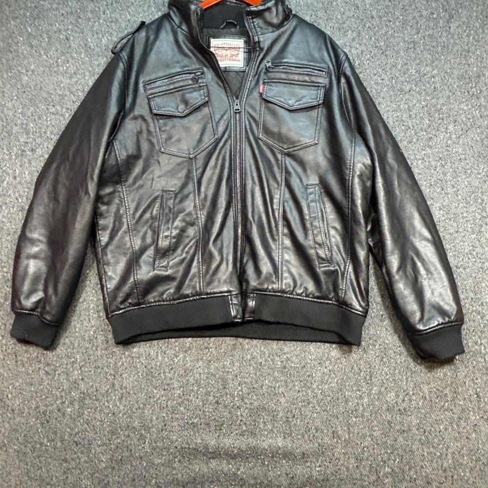 Levis Faux Leather Bomber Jacket Sz XXL Mens Black Streetwear Biker Pockets